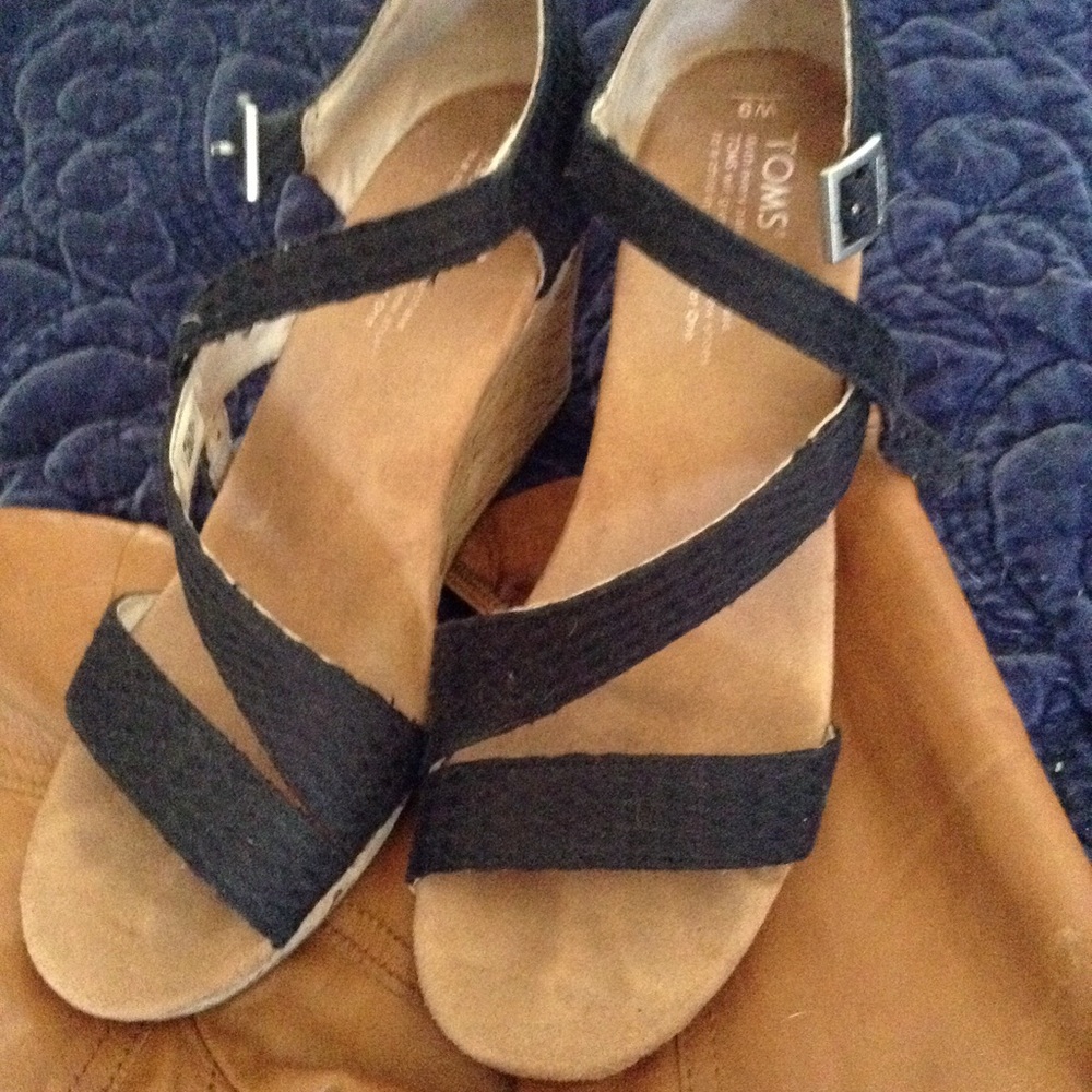 Toms Cork Wedge Black Straps